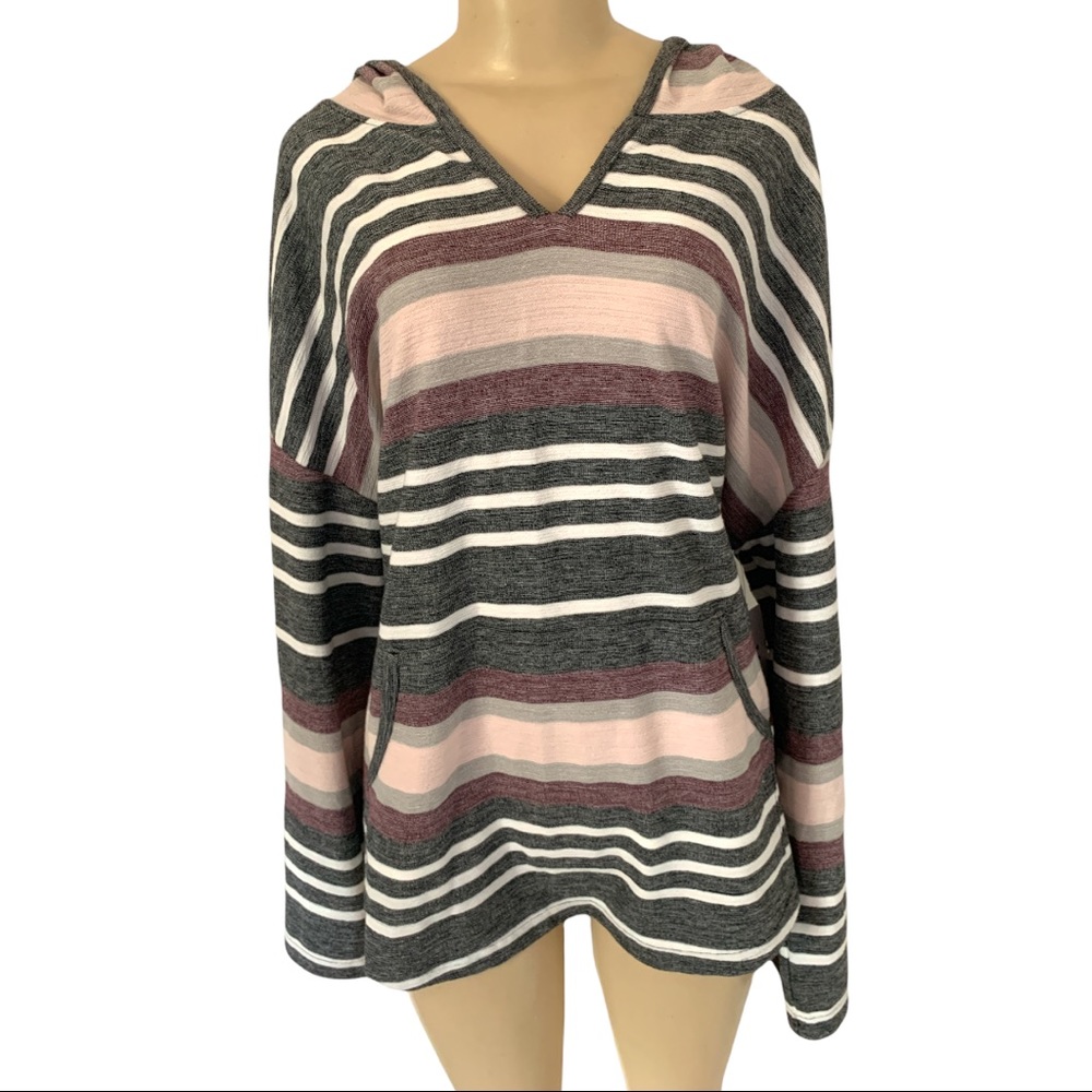 NWT Tribal PLUS Mix Yarn Striped Crewneck Sweater Hoodie Pink & Grey 2X